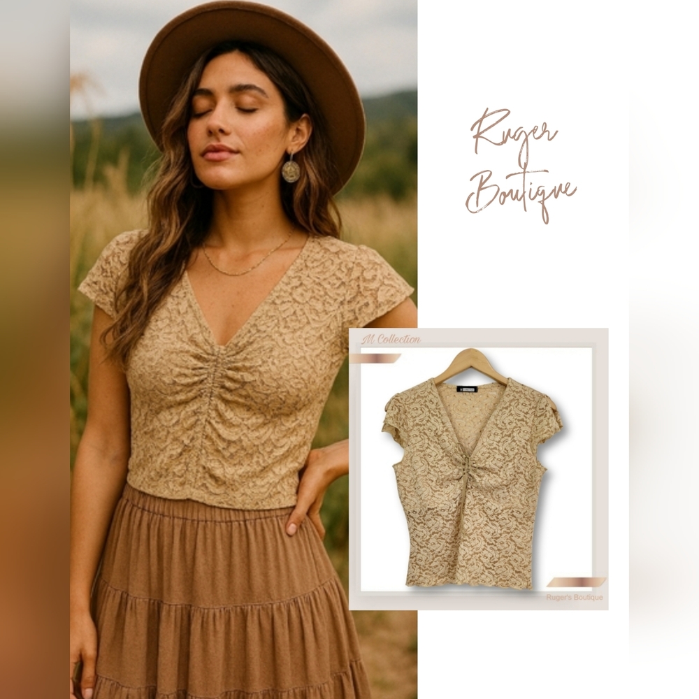 🌿M Collection Women's XL Boho Tan Gold Sequin Cinch Leather Tie Beige Top